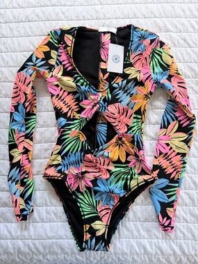 Hurley Black One-Piece Swimsuit with Neon Tropical Print